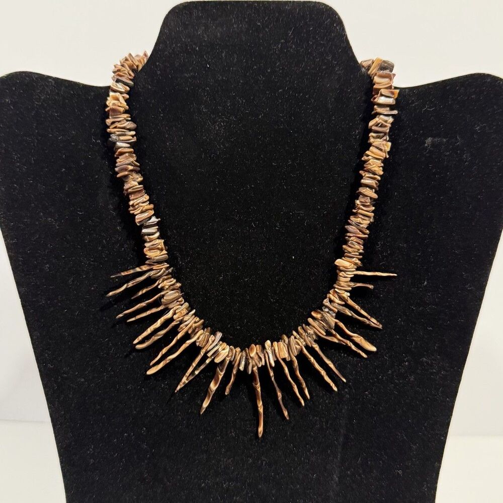 Vintage Tiger Eye Stone Spike Necklace Brown Chip Bead Tribal Boho Statement - Picture 3 of 16